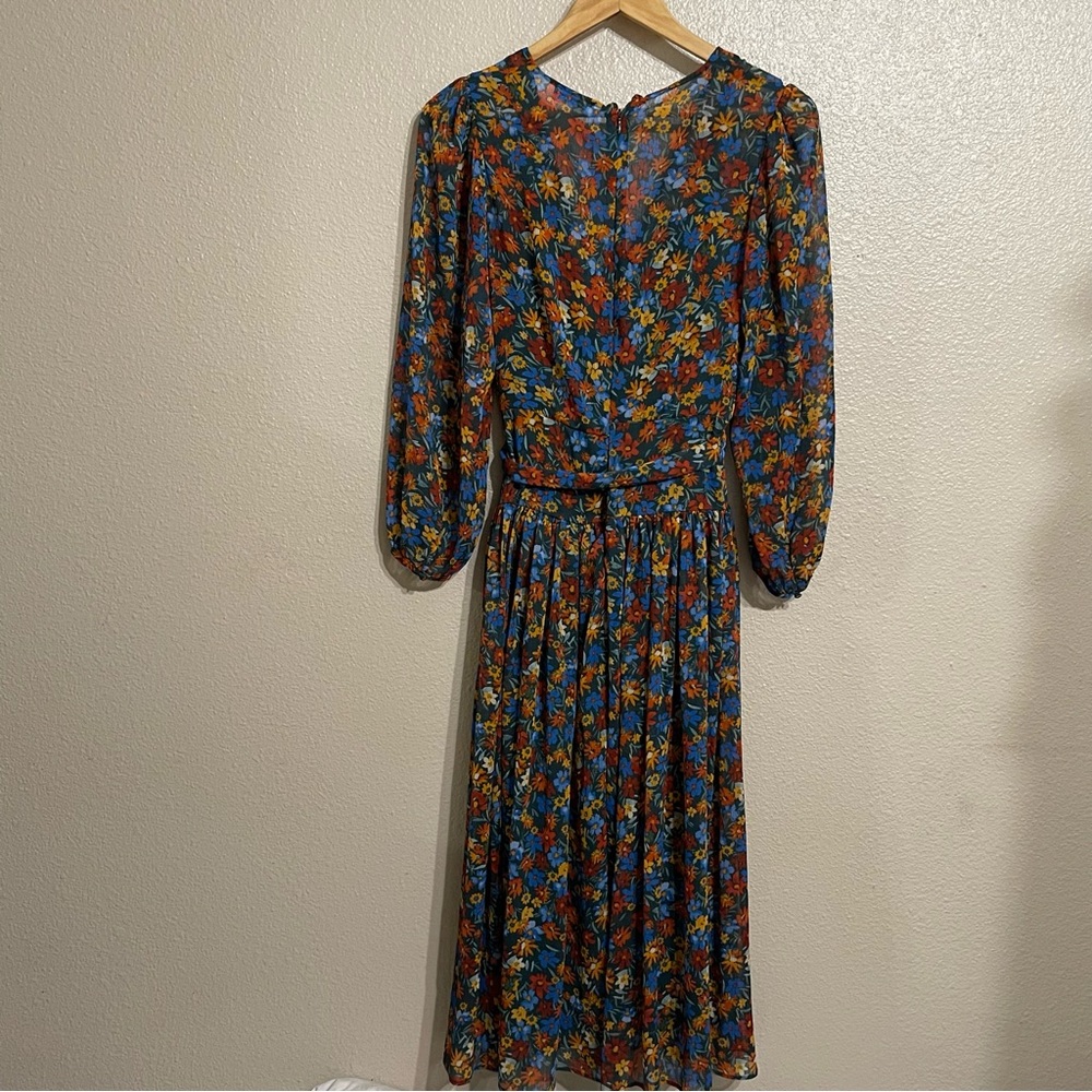 Surplice‎ Neck Three-Quarter Sleeve Floral Print Faux Wrap Midi Dress Sz 8 - Picture 5 of 14